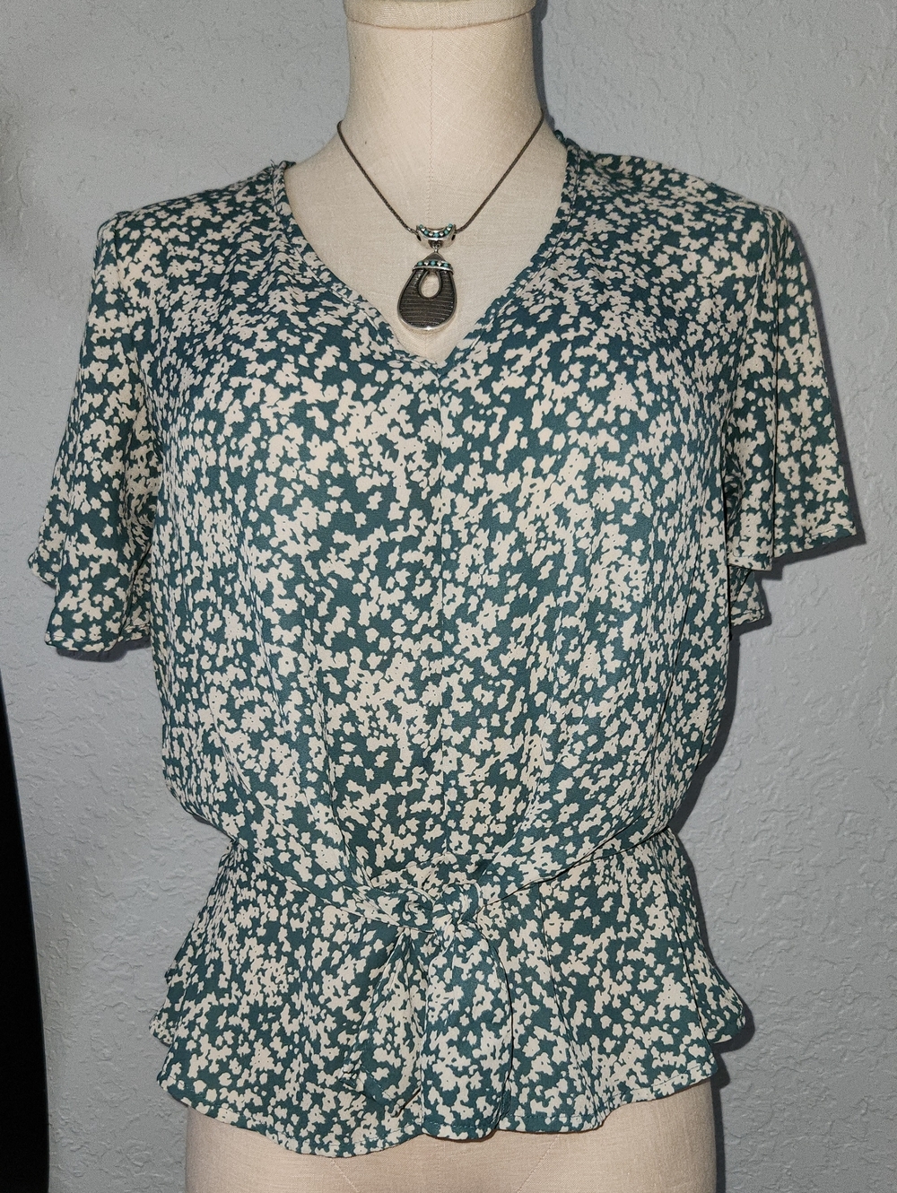 Sienna Sky Teal and Cream Floral V-Neck Tie-Waist Blouse